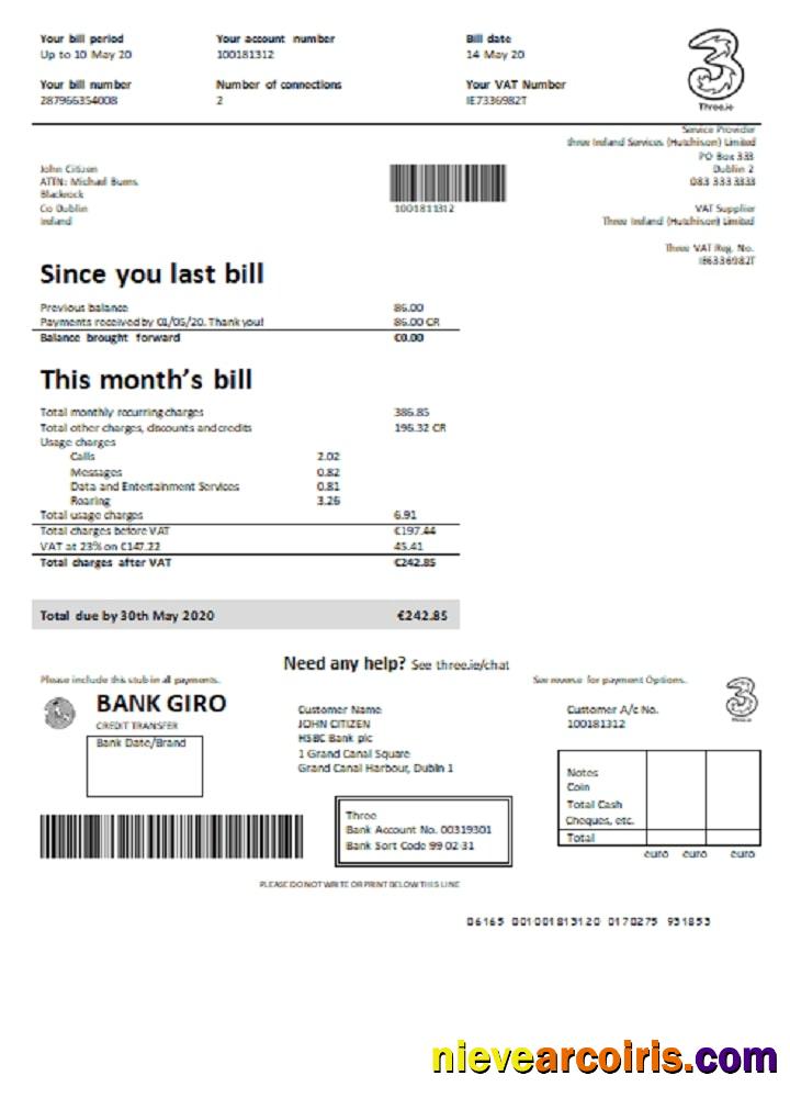 Ireland Threeie utility bill